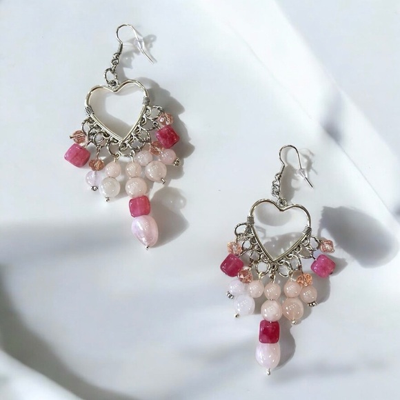 Rose Quartz and Crystals Heart Shaped Silver Toned Chandelier Earrings - Picture 11 of 17
